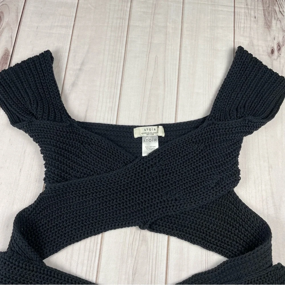 Atoir Tulip Chunky Knit Top Womens 6 Black Cropped Wrap Tie Surplice 100% Cotton - Picture 5 of 14